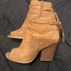 Tan peep toe booties with zipper